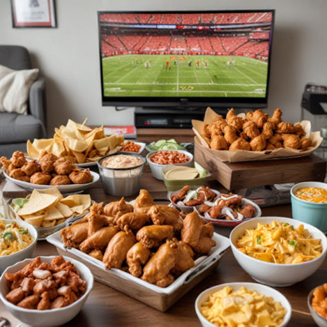 A table filled with classic game day snacks like wings, nachos, and sliders beside a TV showing a sports broadcast.