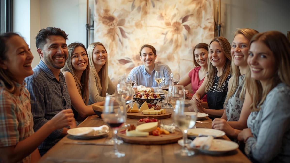 Smiling friends enjoy wine and cheese with elegant backdrop in NYC.