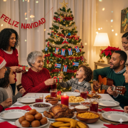 A warm and vibrant photo capturing a multi-generational Cuban family celebrating Christmas. 