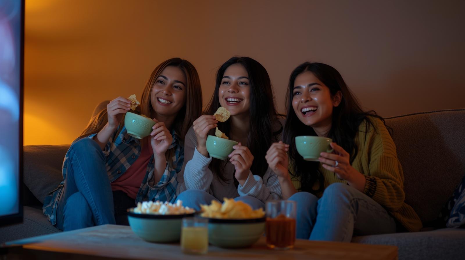 Three friends enjoy snacks together on couch while streaming movies at night.
