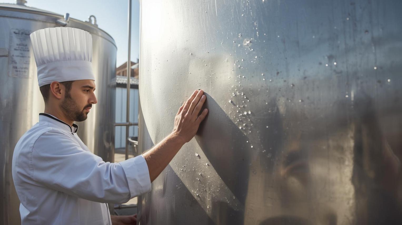 Chef inspects polished water tank in sunlit commercial kitchen yard, real.