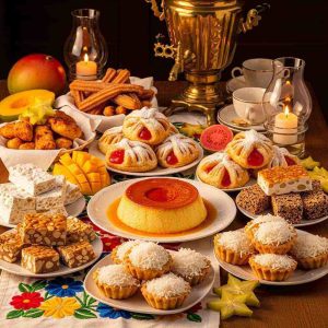 A display of Cuban desserts including flan, turrón, and guava pastries on a festive table