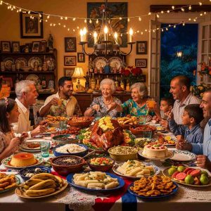 A festive Cuban family dinner table with roasted pork, rice, beans, yuca, and desserts