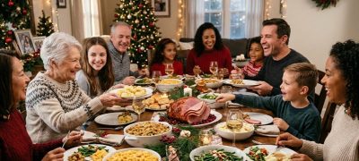 A festive family gathering featuring traditional food dishes on a beautifully decorated table, people sharing meals and celebrating together on a warm holiday