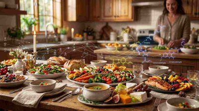 Beautiful assortment of colorful foods on a kitchen table